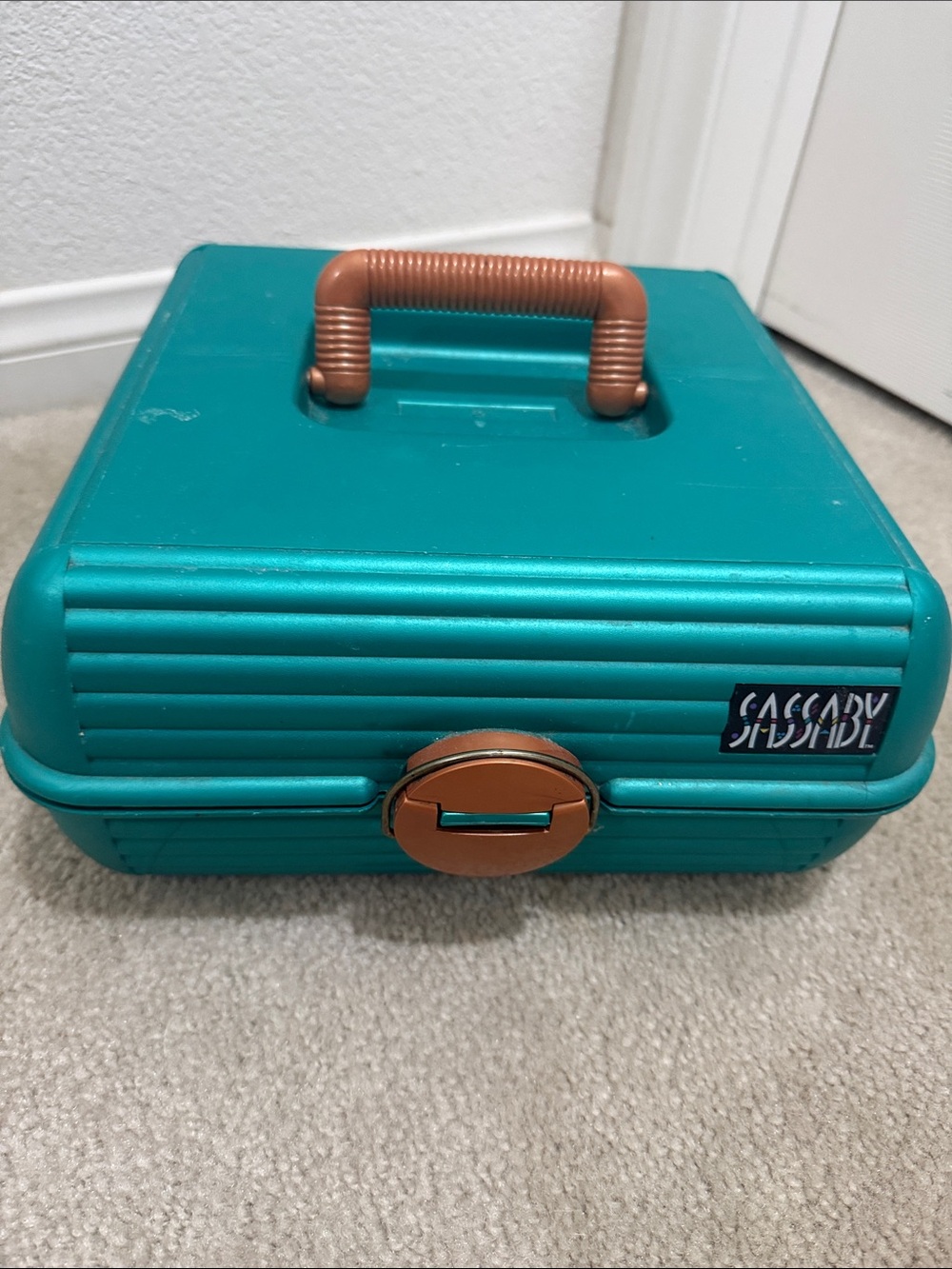 Teal Portable Storage Case with Copper Accents / make up Vintage